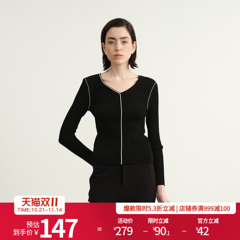 婉甸2025年秋季新品耀石黑V领毛织简约打底衫套头衫1243W21GL2