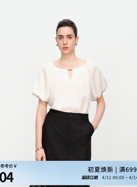 婉甸夏季香草奶白套头上衣圆领雪纺衫1242H15DY3