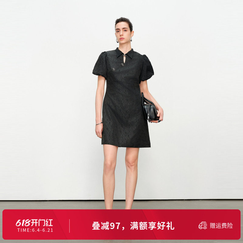 婉甸夏季黑色压花旗袍式连衣裙1242N51SJ3YX
