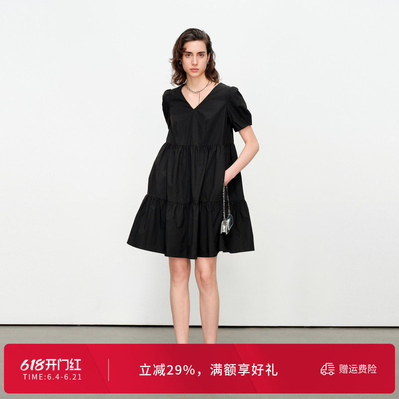 婉甸夏季黑色/克莱茵蓝短袖连衣裙1242N61SX2