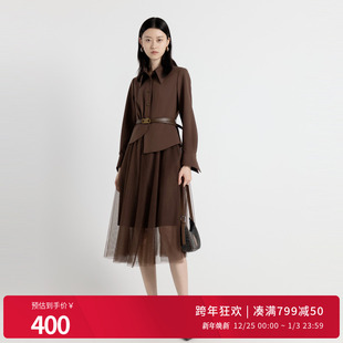 婉甸2025年秋新品 栗子棕假两件拼百搭接花边连衣裙1243N01MD3