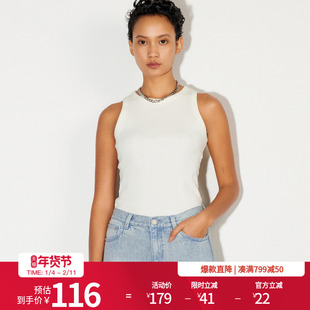 婉甸25新品胡桃色无奶油白袖上衣修身削肩工字背心MBD1G01CFXA0