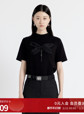 婉甸2025年秋季新品耀石黑蜻蜓T恤黑色半袖短袖1243T01RS1