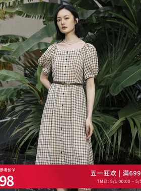 婉甸夏季米咖格纹短袖连衣裙1242N25RS2YX