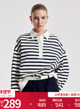 婉甸2026春季新品藏青米白条纹卫衣H型长袖纯棉卫衣1251Y03SX2