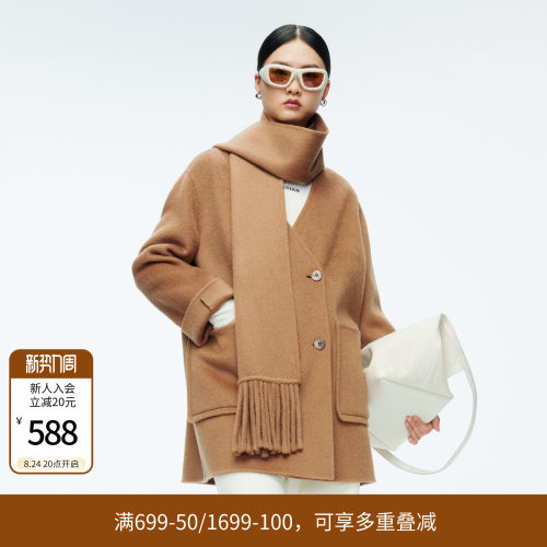 婉甸冬摩卡驼中长款双面呢围巾领女毛呢外套1244E11ZY2