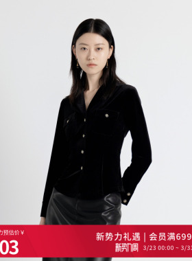 婉甸2025年秋季新品耀石黑丝绒衬衫金丝绒修身女外套1243S09RJ3