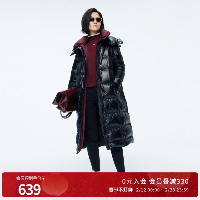 婉甸2025年冬季新品黑色长款连帽女保暖高充绒羽绒服1244D41SX5