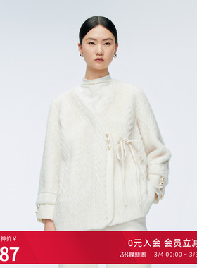 婉甸2025年冬季新品云白中长款女蝴蝶结毛绒外套1244O06JN4