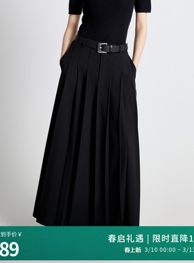 婉甸2025年秋新品耀石黑直筒百褶长裙高腰显瘦半身裙1243K02GL2