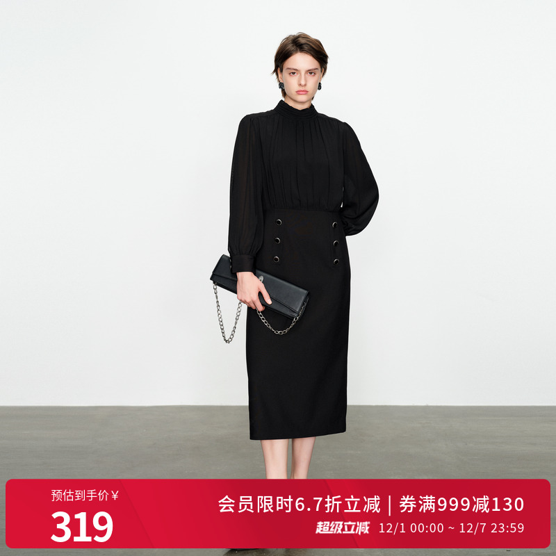 婉甸黑色长袖连衣裙假两件