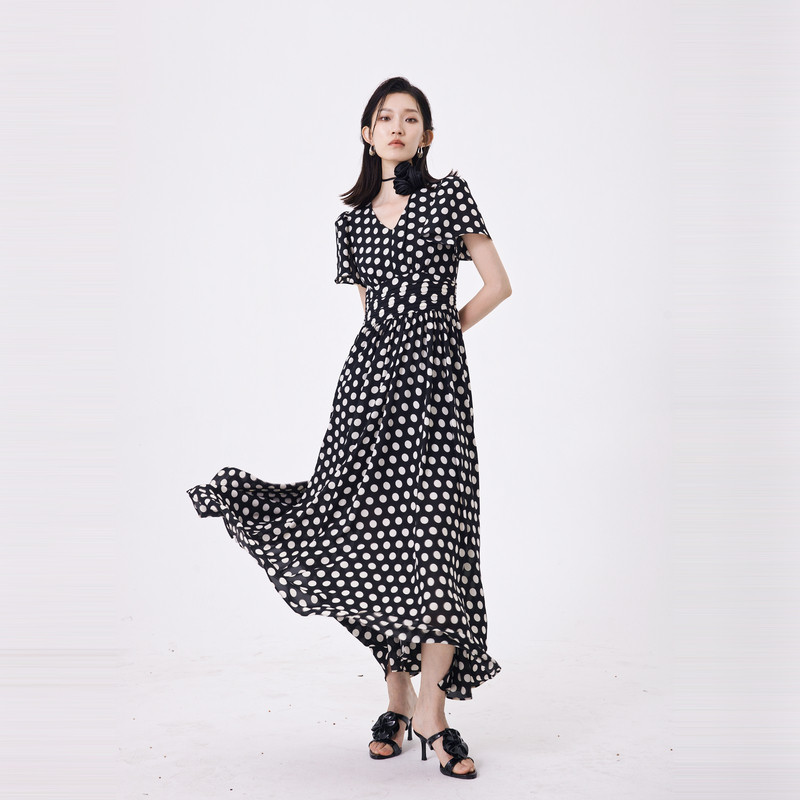 婉甸夏季黑白大波点短袖连衣裙1242N30RS3