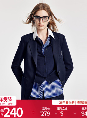 婉甸2026春季新品蓝白格纹拼接领衬衫H型长袖格子衫女1251S12SX2