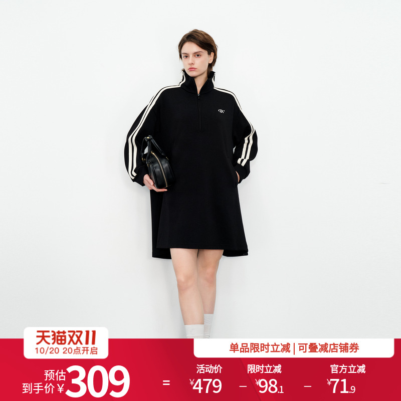 婉甸黑色长袖连衣裙运动风休闲款