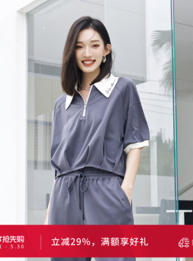婉甸夏季岩石灰色短袖T恤POLO领拼接短袖1242T23RS4