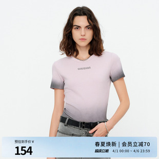 薄纱粉渐变短袖 T恤休闲风女士圆领1252T13GS4 新品 婉甸2026夏季