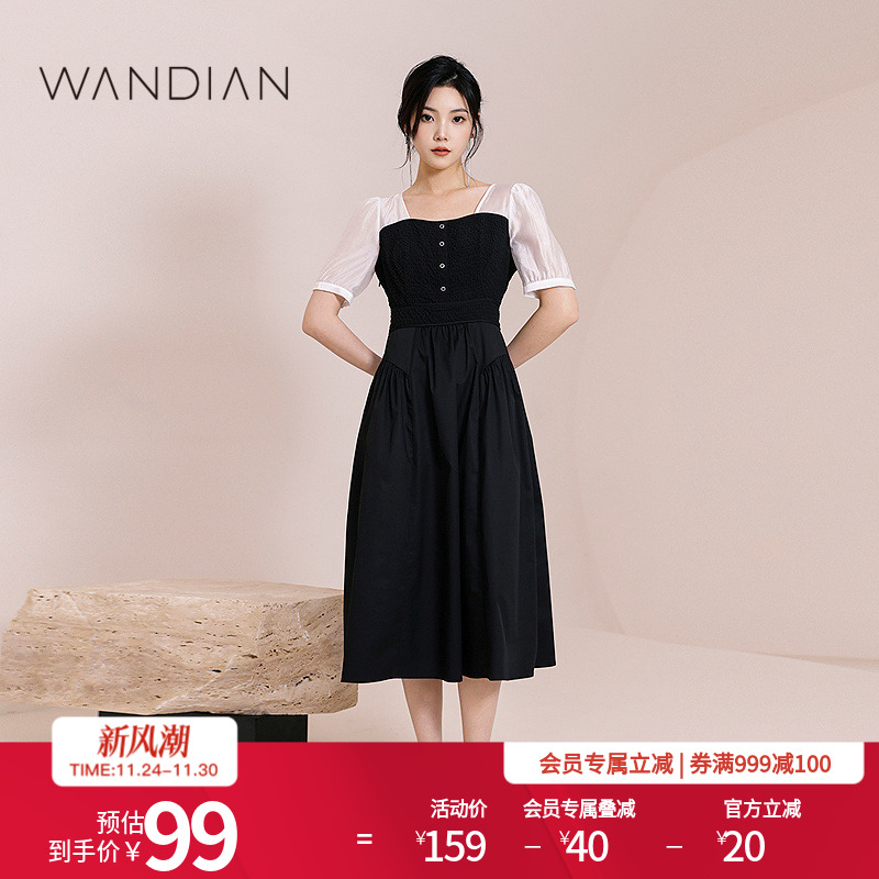婉甸黑白拼接纽扣装饰高腰连衣裙夏季新品