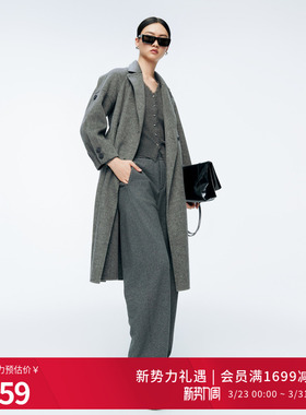 婉甸2025年冬季新品岩石灰双面棉羊毛可系腰带毛呢大衣1244C10GS3