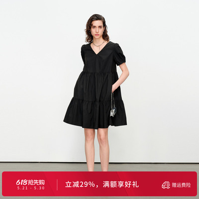 婉甸夏季黑色/克莱茵蓝短袖连衣裙1242N61SX2