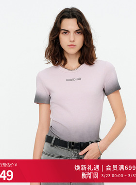 婉甸2026夏季新品薄纱粉渐变短袖T恤休闲风女士圆领1252T13GS4