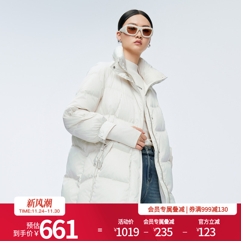 婉甸2025年冬季新品奶油白中长款加厚保暖立领女羽绒服1244D08ZY2