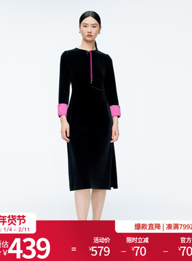 婉甸2025年冬季新品黑色拼接丝绒优雅连衣裙1244N01DM1