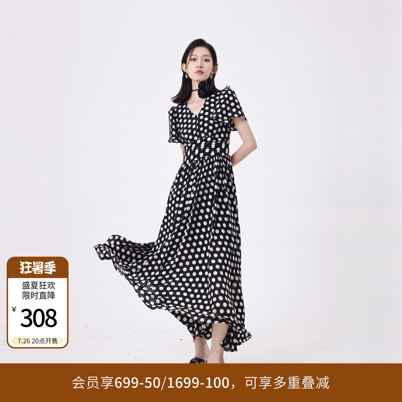婉甸夏季黑白大波点短袖连衣裙1242N30RS3