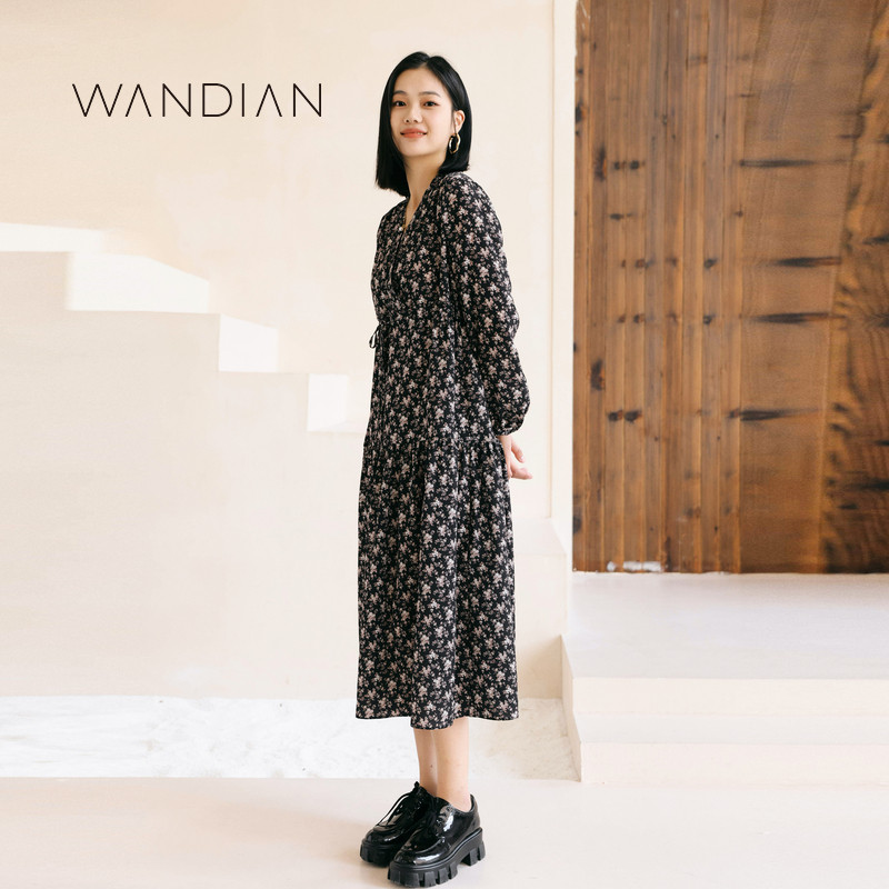 【超能小太阳】婉甸秋季日常上班咖底碎花长袖连衣裙连身
