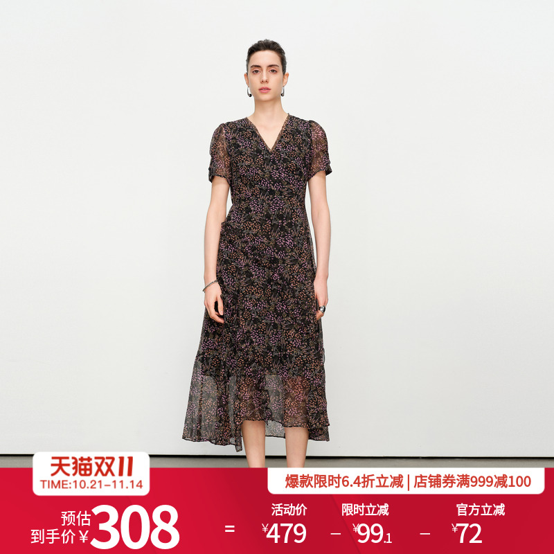 黑底粉色小碎花连衣裙