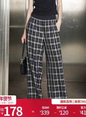 婉甸2025夏季新品黑色格形阔腿裤长款休闲裤1242P03SX1