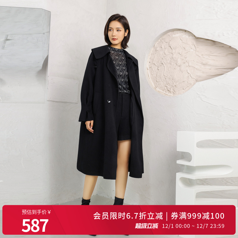 婉甸黑色双面呢中长款大衣