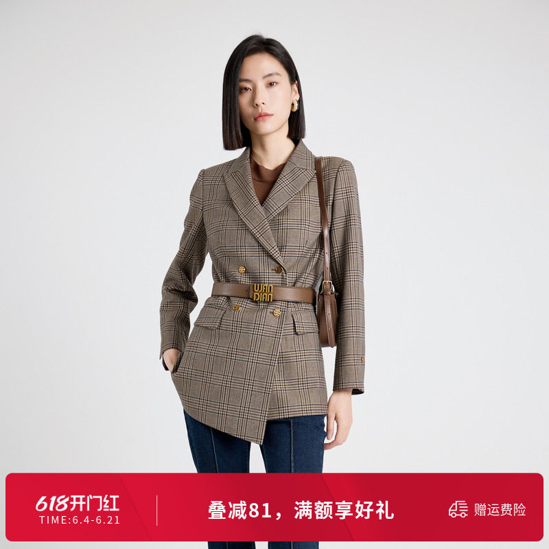 婉甸秋季复古棕咖格纹西装长袖外套女小香风1243Q04MD4