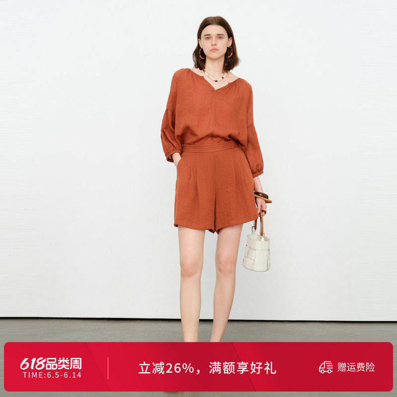 婉甸2026夏季新品雅丹橘两件套短裤泡泡袖宽松通勤套装1252L04RS2