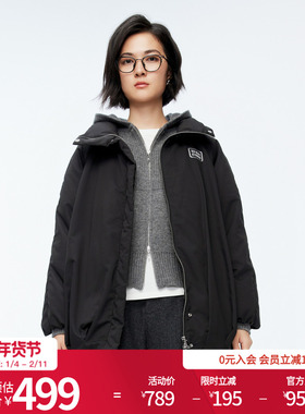 婉甸2025年冬季新品黑色中长款连帽女外套羽绒服1244D38GS3