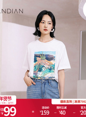 婉甸月白色廓版短袖T恤夏季新品简洁印花艺术油画装饰1232T04SX1