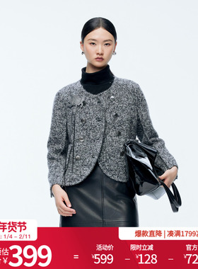 婉甸2025年冬季新品杂花灰复古小香风羊驼毛双面呢外套1244E12ZY3