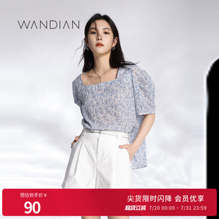 1232H28DJ6 婉甸米底蓝色碎花套头上衣夏季 新品 宽松甜美小衫 泡泡袖
