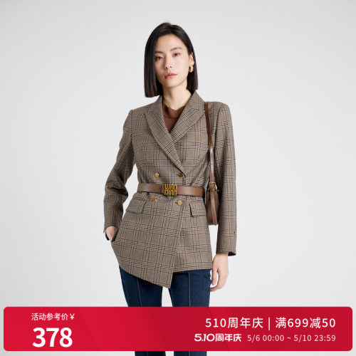 复古棕咖格纹西装长袖外套小香风