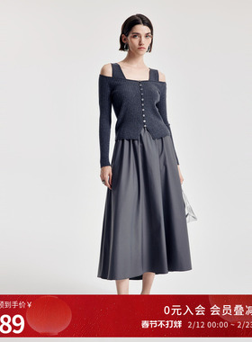 婉甸2026春季新品炭灰色毛织拼接两件套休闲长袖连衣裙1251N05GX2