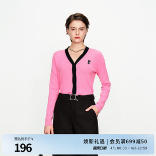 淑女风针织衫 1241W11DY1 毛织开衫 婉甸2025玫红撞黑边长袖