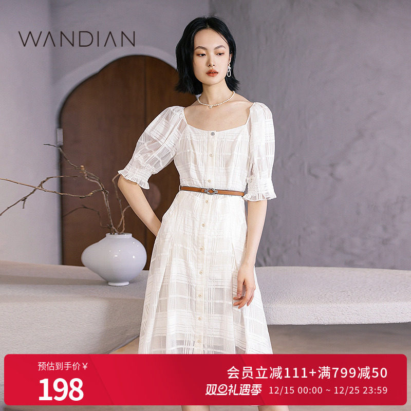 婉甸月白色短袖连衣裙夏季新品方领蕾丝格纹甜美风1232N69RS5