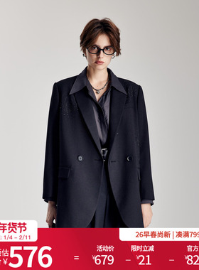 婉甸2026春季新品黑灰色H型长袖长款西装中性风女外套1251Q04GX2