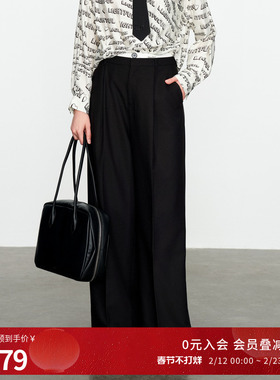 婉甸2025黑色阔腿裤百搭风拼接腰头休闲裤1241P03DY2