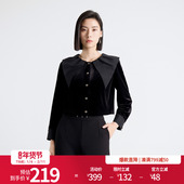 婉甸2025年秋季 1243S12RJ3 衬衫 新品 耀石黑丝绒拼接上衣丝绒领长袖