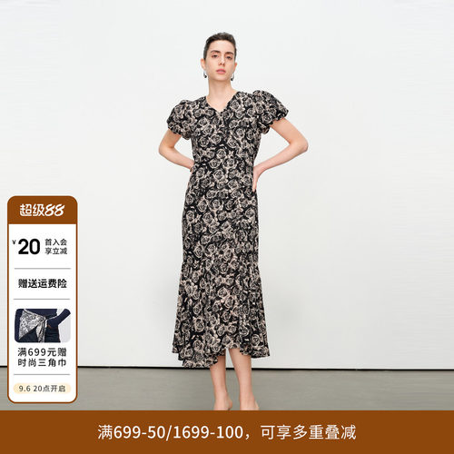 黑白玫瑰花短袖连衣裙