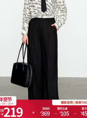 婉甸2025黑色阔腿裤百搭风拼接腰头休闲裤1241P03DY2