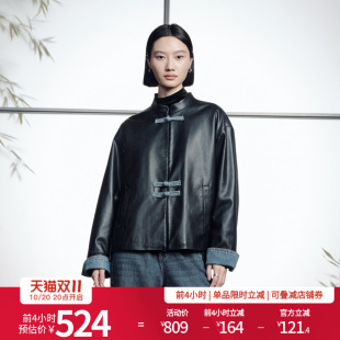 国风外套1244O01DM2 黑色拼接皮衣新中式 婉甸2025年冬季 新品