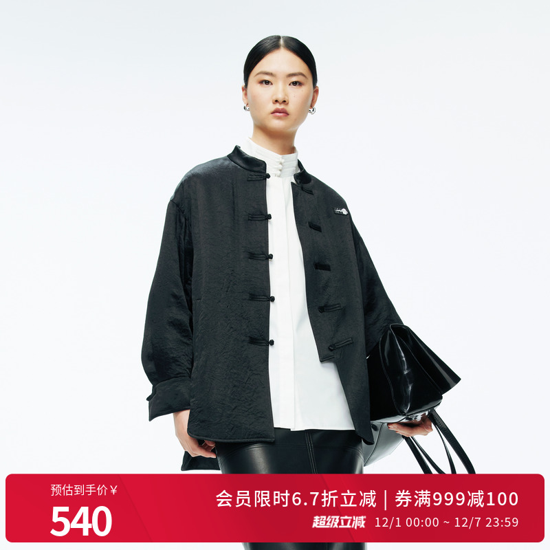 婉甸2025年冬季新品黑色中长款蚕丝新中式国风气质外套1244R01DM1