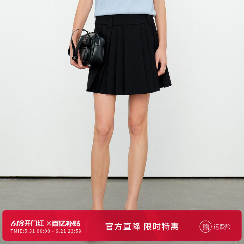 婉甸2026夏季新品黑色压褶短裙百褶裙修身型中腰半身裙1252K02ST1