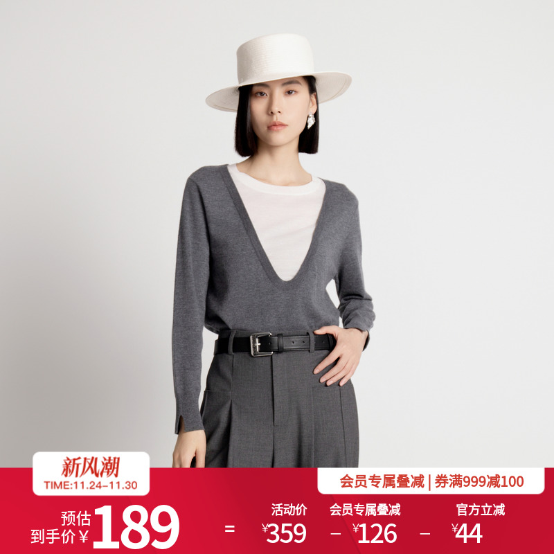 婉甸2025年秋新品岩石灰毛织拼接套头衫宽松慵懒针织衫1243W24GL2